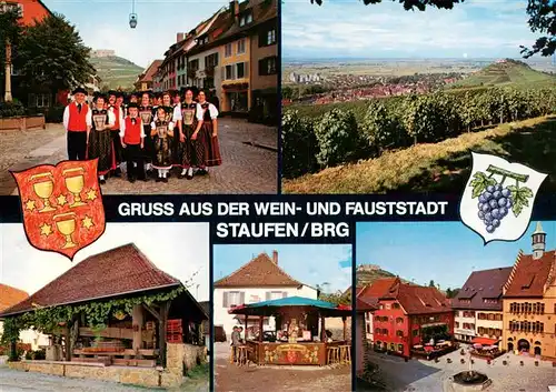 AK / Ansichtskarte  Staufen__Breisgau Trachtengruppe Panorama Weinbrunnen Marktplatz