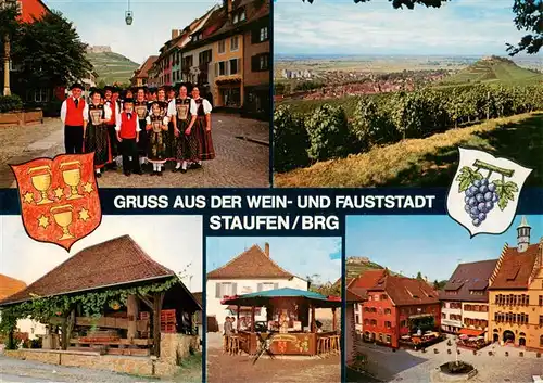 AK / Ansichtskarte 73934907 Staufen__Breisgau Trachtengruppe Panorama Weinbrunnen Marktplatz