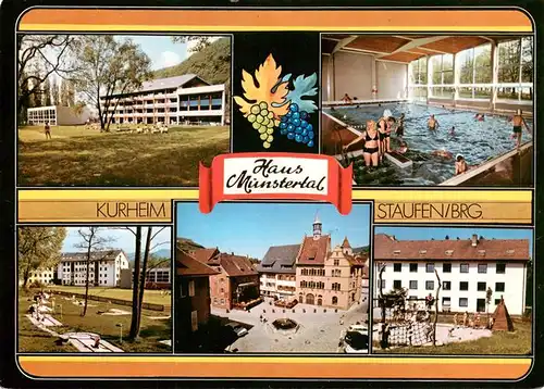 AK / Ansichtskarte 73934923 Staufen__Breisgau Kurheim Haus Muenstertal Hallenbad Minigolf Marktplatz Rathaus Spielplatz