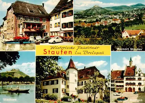 AK / Ansichtskarte 73934933 Staufen__Breisgau Brunnen Panorama Stadtsee Schloss Rathaus