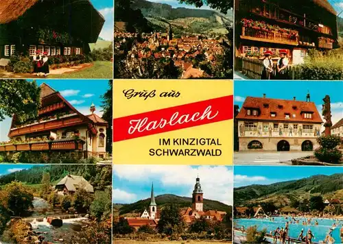 AK / Ansichtskarte 73934963 Haslach_Kinzigtal Schwarzwaldhaeuser Trachten Rathaus Kirchen Schwimmbad