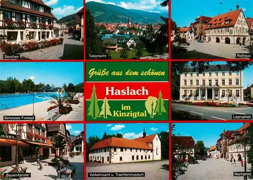 AK / Ansichtskarte 73934964 Haslach_Kinzigtal Storchen Teilansicht Rathaus Freibad Lagnyplatz Bauernfamilie Trachtenmuseum Marktplatz