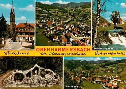 AK / Ansichtskarte  Oberharmersbach Kirchplatz Fliegeraufnahme Michaelskapelle Lourdes Grotte Zuwald Riersbach