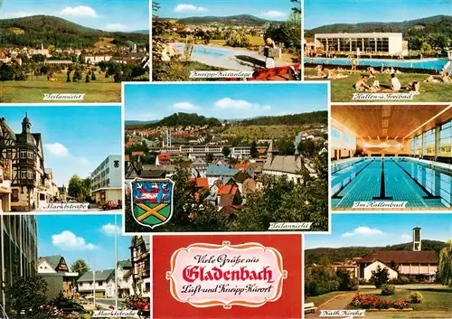 AK / Ansichtskarte  Gladenbach Teilansicht Kneipp Kuranlage Hallen und Freibad Marktstrasse Panorama Hallenbad Kath Kirche