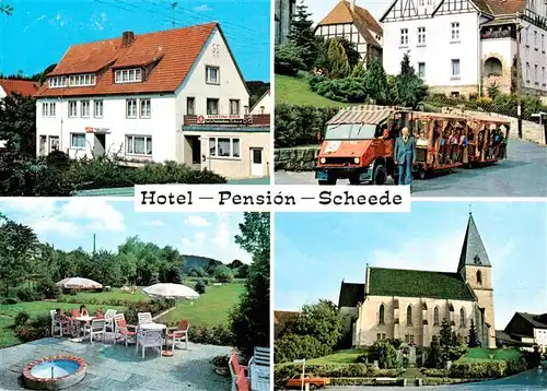 AK / Ansichtskarte  Heisebeck_Oberweser Hotel Pension Scheede Touristenbahn Kirche