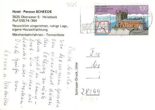 AK / Ansichtskarte  Heisebeck_Oberweser Hotel Pension Scheede Touristenbahn Kirche