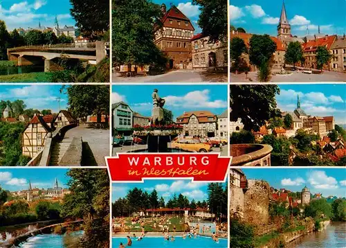 AK / Ansichtskarte 73935203 Warburg_Westfalen Orts und Teilansichten Bruecke Schwimmbad Stadtmauer