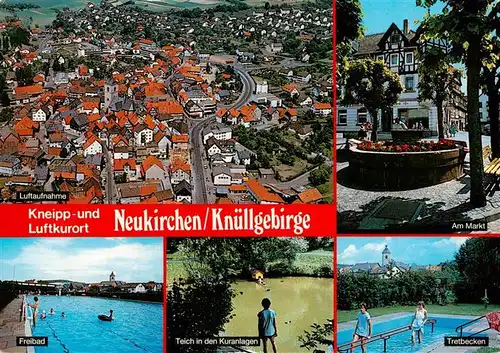 AK / Ansichtskarte 73935257 Neukirchen_Knuellgebirge Fliegeraufnahme Am Markt Freibad Teich in den Kuranlagen Tretbecken