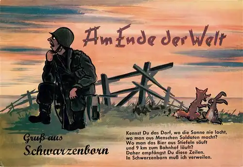 AK / Ansichtskarte 73935420 Schwarzenborn__Knuell Soldat am Ende der Welt Karikatur
