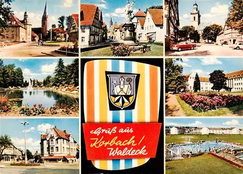 AK / Ansichtskarte 73935506 Korbach Teilansichten Zentrum Brunnen Kirche Freibad Wappen