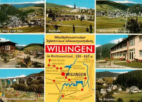 AK / Ansichtskarte 73935537 Willingen_Sauerland Panorama Blick vom Trais Kurhalle Ettelsberg Liftgaststaette Kleingolfplatz Viadukt Strycktal Kurmittelhaus Landkarte