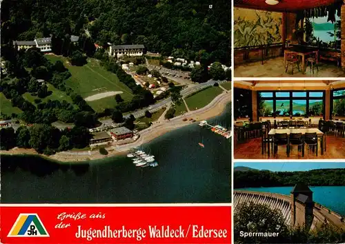 AK / Ansichtskarte 73935546 Waldeck__Edersee Jugendherberge Luftaufnahme Aufenthaltsraum Sperrmauer