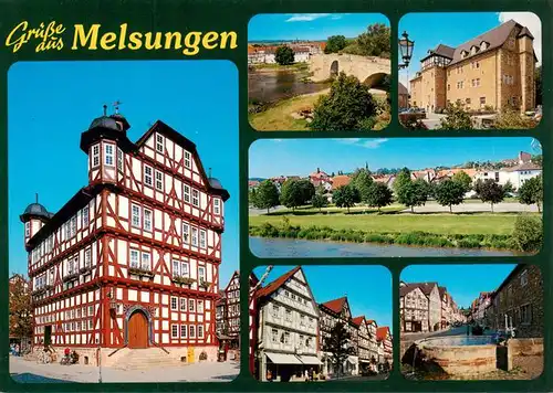 AK / Ansichtskarte 73935583 Melsungen_Fulda Fachwerk-Rathaus Altstadt Brunnen Schloss Bruecke Partie an der Fulda