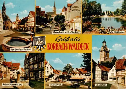 AK / Ansichtskarte 73935658 Korbach Stechbahn Rathaus Brunnen Bahnhofstrasse Kirche Stadtpark
