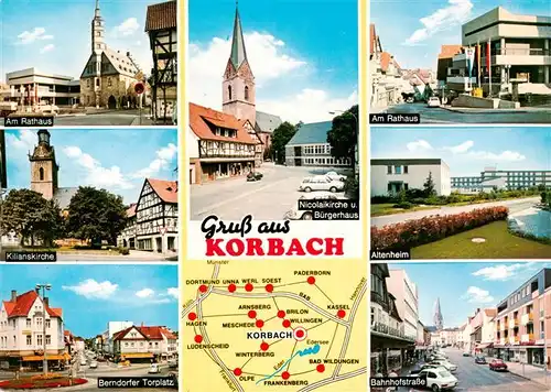 AK / Ansichtskarte  Korbach Rathaus Kirche Buergerhaus Altenheim Berndorfer Torplatz Bahnhofstrasse