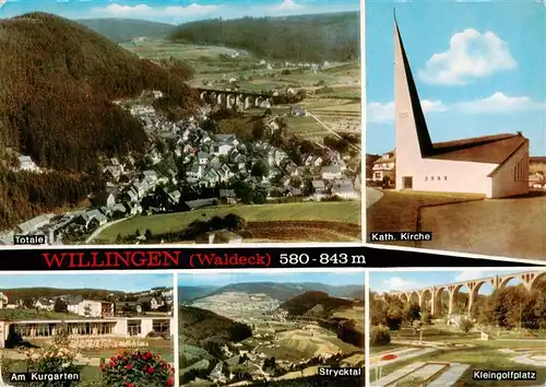 AK / Ansichtskarte  Willingen_Sauerland Fliegeraufnahme Kath Kirche Am Kurgarten Strycktal Kleingolfplatz