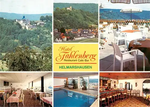 AK / Ansichtskarte 73935679 Helmarshausen Hotel Fahlenberg Burg Terrasse Gastraeume Hallenbad Bar