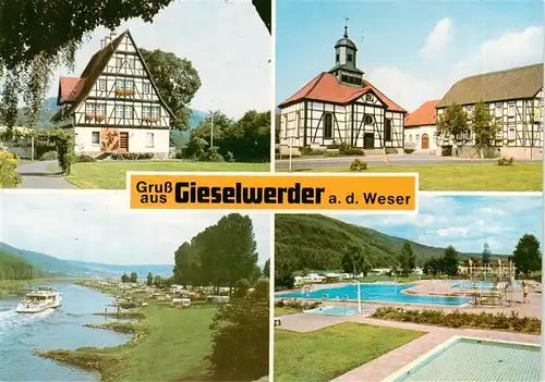 AK / Ansichtskarte 73935692 Gieselwerder Fachwerkhaeuser Weserpartie Schwimmbad