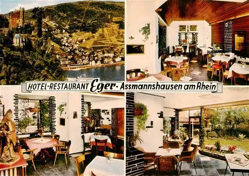 AK / Ansichtskarte  Assmannshausen_Rhein Panorama Burgruine Hotel Restaurant Eger Gastraeume