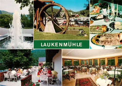 AK / Ansichtskarte 73935954 Lorch_Rheingau Restaurant Cafe Laukenmuehle im Wispertal Gastraeume Muehlrad Buffet Terrasse