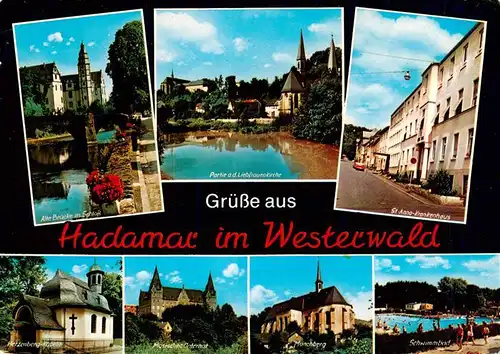 AK / Ansichtskarte  Hadamar_Westerwald Alte Bruecke am Schloss Liebfrauenkirche St Anna Krankenhaus Herzenberg Kapelle Masisches Internat Moenchberg Schwimmbad