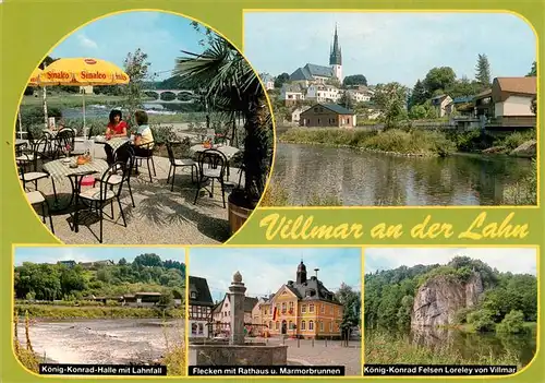 AK / Ansichtskarte  Villmar Koenig-Konrad-Halle mit Lahnfall Terrasse Blick zur Kirche Flecken Rathaus Marmorbrunnen Koenig-Konrad-Felsen Loreley von Villmar