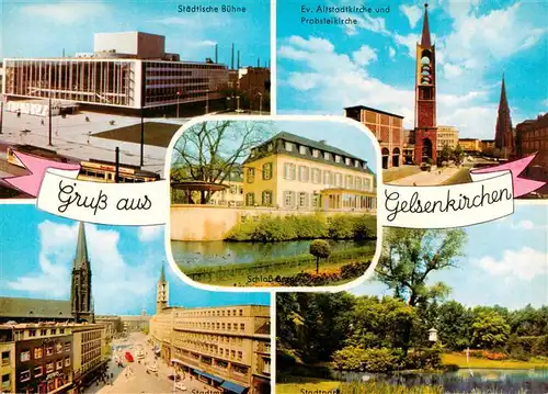 AK / Ansichtskarte  Gelsenkirchen Staedt Buehne Ev Altstadtkirche und Probsteikirche Schloss Berge Stadtplatz Stadtpark