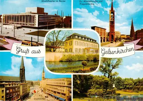 AK / Ansichtskarte  Gelsenkirchen Staedt Buehne Ev Altstadtkirche und Probsteikirche Schloss Berge Stadtplatz Stadtpark