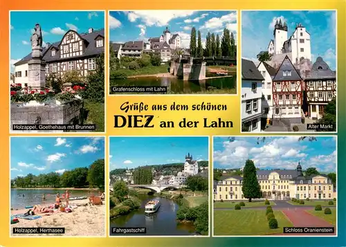 AK / Ansichtskarte 73936507 Diez_Lahn Holzappel Goethehaus mit Brunnen Gartenschloss mit Lahn Alter Markt Herthasee Fahrgastschiff Schloss Oranienstein