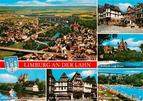 AK / Ansichtskarte 73936521 Limburg__Lahn Fliegeraufnahme An der Ploetze Schloss und Dom Lahnpartie Am Kornmarkt Schwimmbad