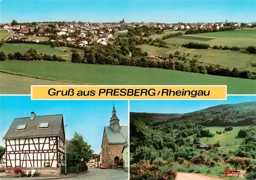 AK / Ansichtskarte 73936528 Presberg_Rheingau_Ruedesheim Fliegeraufnahme Kirche Fachwerkhaus Panorama