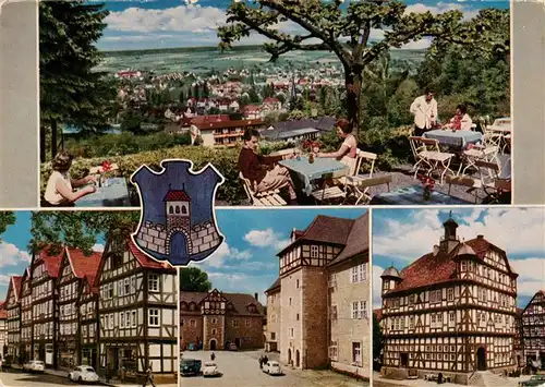 AK / Ansichtskarte  Melsungen_Fulda Panorama Terrasse Fachwerkhaeuser Stadtplatz