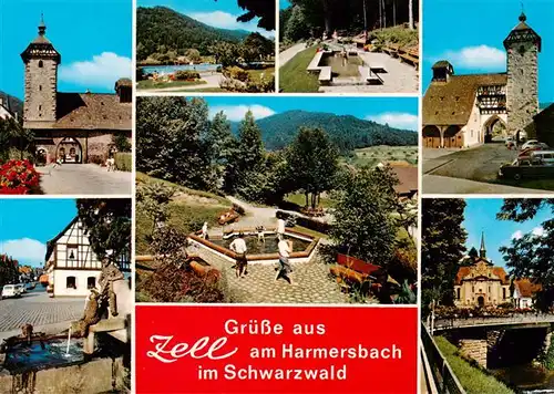 AK / Ansichtskarte 73936746 Zell_Harmersbach Storchenturm Panorama Wassertreten Hirschturm Brunnen Kirche Partie am Harmersbach