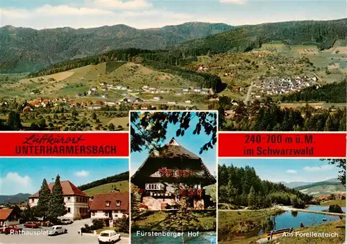 AK / Ansichtskarte 73936755 Unterharmersbach Fliegeraufnahme Rathausplatz Fuerstenberger Hof Am Forellenteich