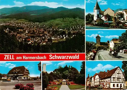 AK / Ansichtskarte 73936761 Zell_Harmersbach Panorama Hirschtuermle Storchenturm Gasthaus Kurpark Fachwerkhaeuser