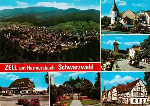 AK / Ansichtskarte  Zell_Harmersbach Panorama Hirschtuermle Storchenturm Gasthaus Kurpark Fachwerkhaeuser