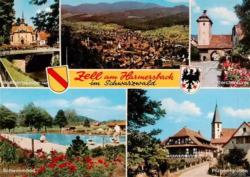 AK / Ansichtskarte  Zell_Harmersbach Wallfahrtskirche Panorama Storchenturm Schwimmbad Pfarrhofgraben