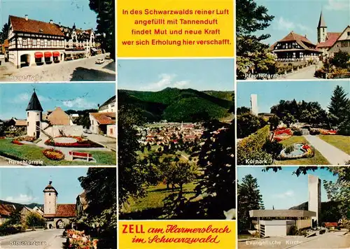 AK / Ansichtskarte  Zell_Harmersbach Hauptstrasse Hirschtuermle Storchentor Panorama Pfarrhofgraben Kurpark Ev Kirche