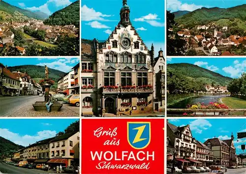 AK / Ansichtskarte  Wolfach_Schwarzwald Fliegeraufnahme Dorfbrunnen Ortsansichten Rathaus Kinzigpartie