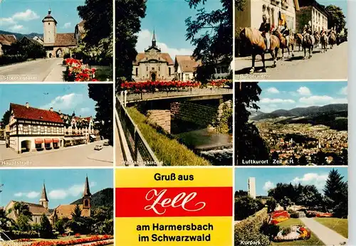 AK / Ansichtskarte  Zell_Harmersbach Storchenturm Hauptstrasse Pfarrkiche Wallfahrtskirche Buergerwehr Panorama Kurpark