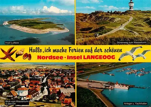 AK / Ansichtskarte  Langeoog_Nordseebad Fliegeraufnahme Duenenweg Wasserturm Ortsansicht Anleger und Yachthafen
