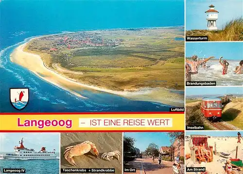 AK / Ansichtskarte  Langeoog_Nordseebad Fliegeraufnahme Inselbahn Anleger Badestrand Ort Wasserturm Fliegeraufnahme Langeoog IV Duenen Ausritt am Strand