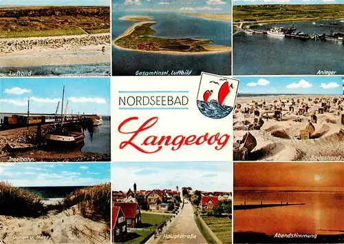 AK / Ansichtskarte  Langeoog_Nordseebad Fliegeraufnahmen Anleger Inselbahn Badestrand Duenen Hauptstrasse Abendstimmung