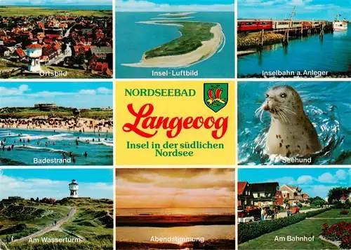 AK / Ansichtskarte 73937168 Langeoog_Nordseebad Fliegeraufnahmen Anleger Inselbahn Badestrand Wasserturm Abendstimmung Am Bahnhof