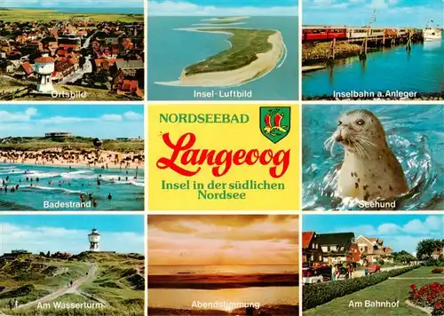 AK / Ansichtskarte  Langeoog_Nordseebad Fliegeraufnahmen Anleger Inselbahn Badestrand Wasserturm Abendstimmung Am Bahnhof