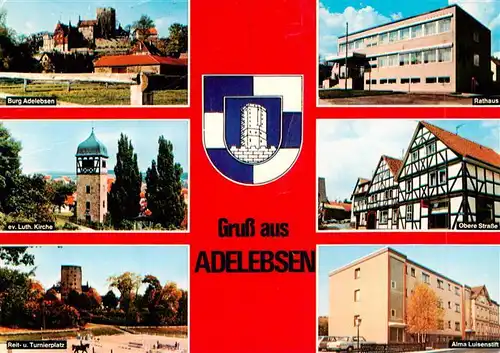 AK / Ansichtskarte  Adelebsen Burg Adelebsen Rathaus Ev Kirche Obere Strasse Reit und Turnierplatz Alma Luisenstift