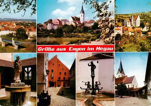 AK / Ansichtskarte 73937585 Engen_Hegau Panorama Kirche Schloss Brunnenfiguren Rathaus