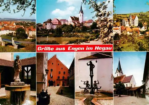 AK / Ansichtskarte  Engen_Hegau Panorama Kirche Schloss Brunnenfiguren Rathaus