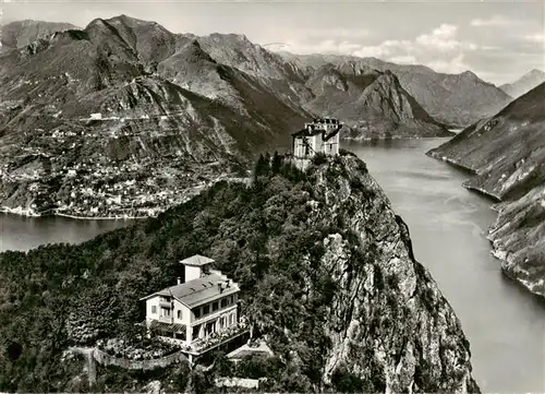 AK / Ansichtskarte  Lugano_Lago_di_Lugano_TI Monte San Salvatore Hotel Vetta e Chiesa vista dall aereo