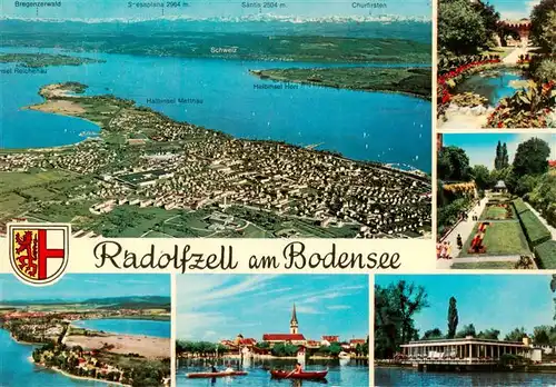 AK / Ansichtskarte 73938172 Radolfzell_Bodensee Fliegeraufnahme mit Halbinsel Mettnau Kirche Park Teich Strandcafe